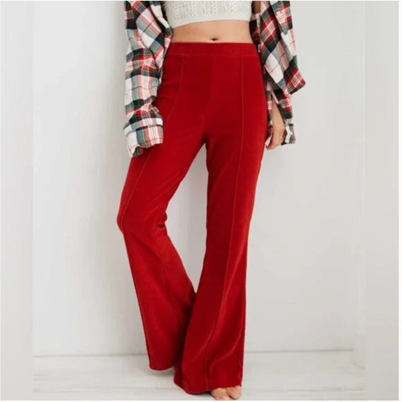 Aerie Groove On Velour High Waisted Flare Pants Red Large - Picture 1 of 4